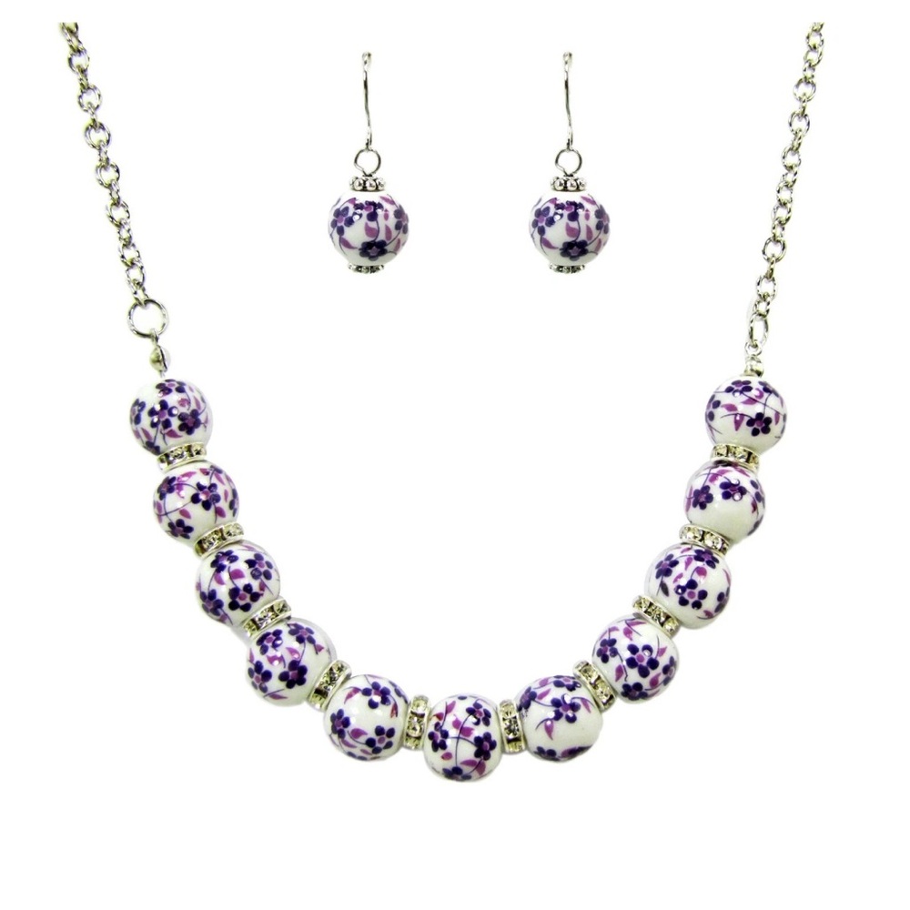 Purple Flowers Genuine Porcelain Beaded Necklace Earrings set with crystals